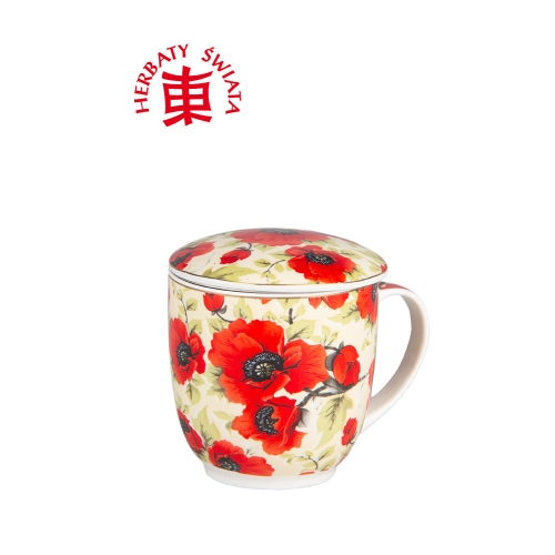 Kubek porcelanowy z zaparzaczem czerwone maki